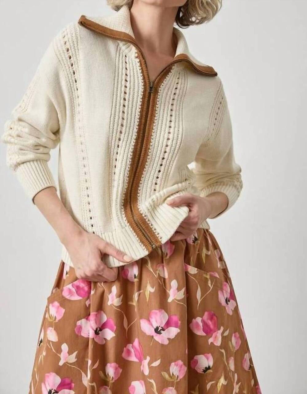 NEW LILLA P contrast collar zip cardigan in rope